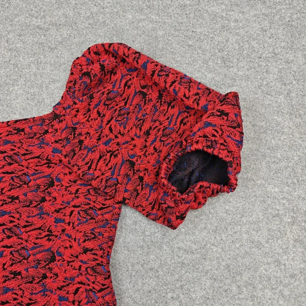 Free‎ People Sunset Dress Womens Small Red Jacquard Puff Sleeve Bodycon Mini